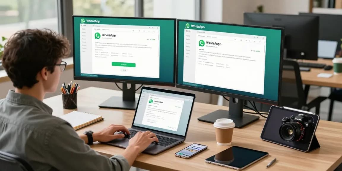 Engaging tech workspace scene using WhatsApp電腦版 on modern desk with dual monitors and laptop.