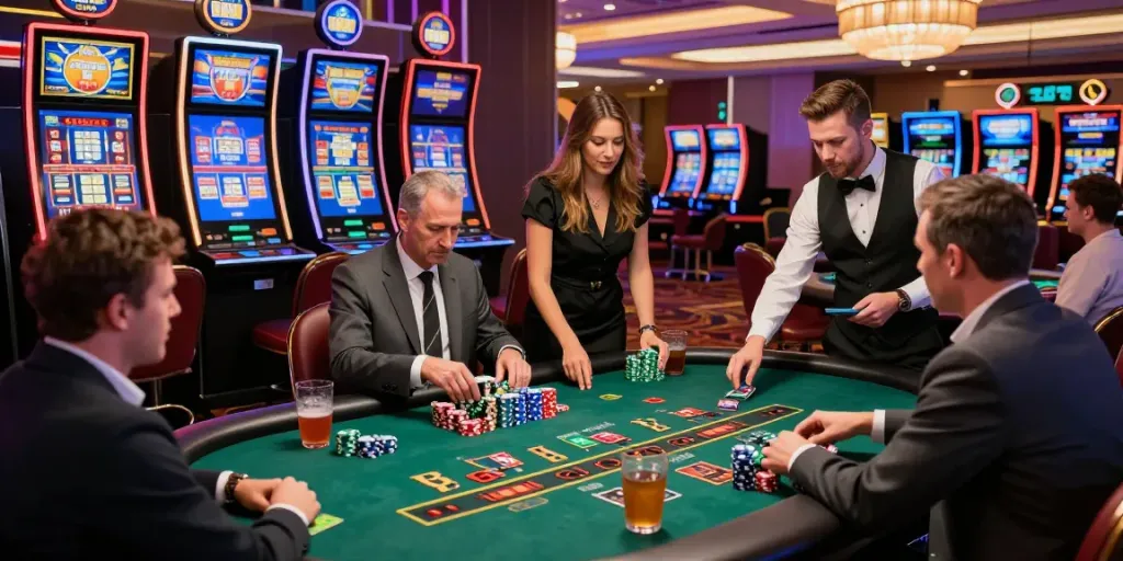 Players enjoying blackjack at credit card casinos UK with vibrant atmosphere and colorful chips.
