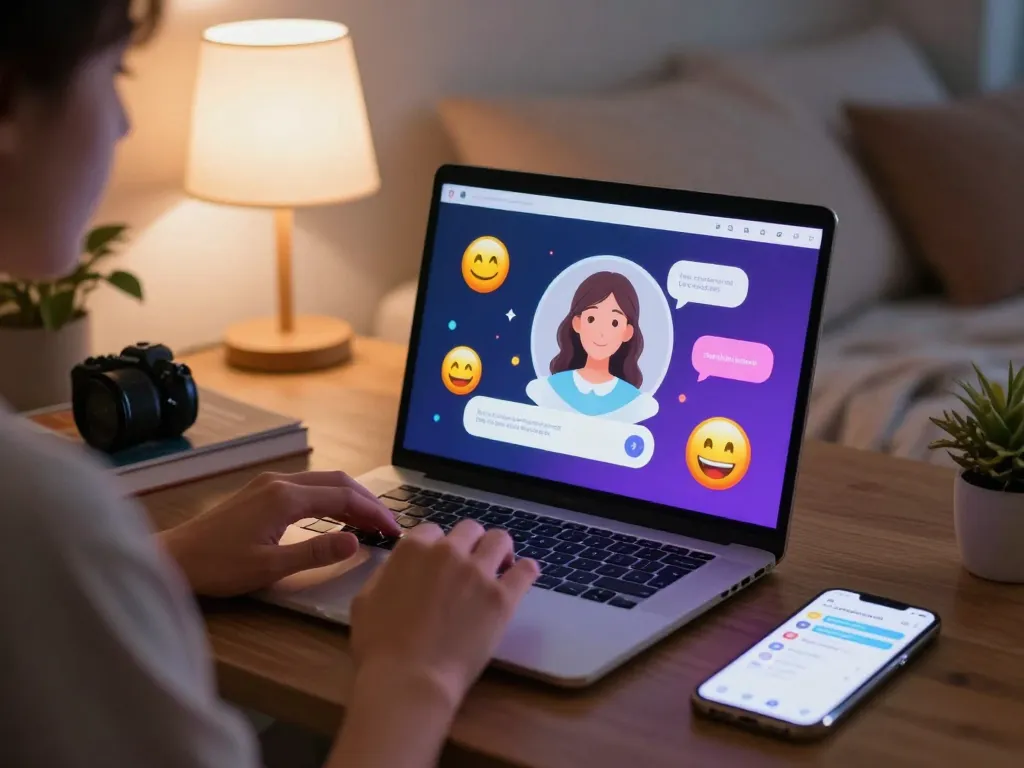 Engaging in ai sex chat on a laptop with a customizable AI chatbot in a cozy setting.