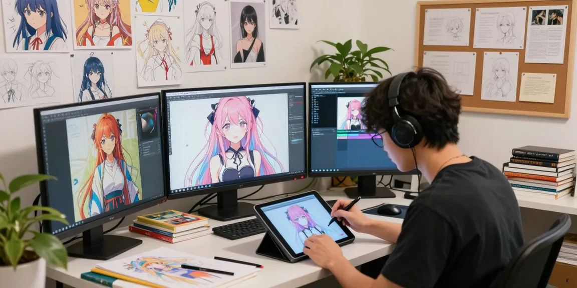 AI ecchi character design in a creative studio, showcasing vibrant digital art.