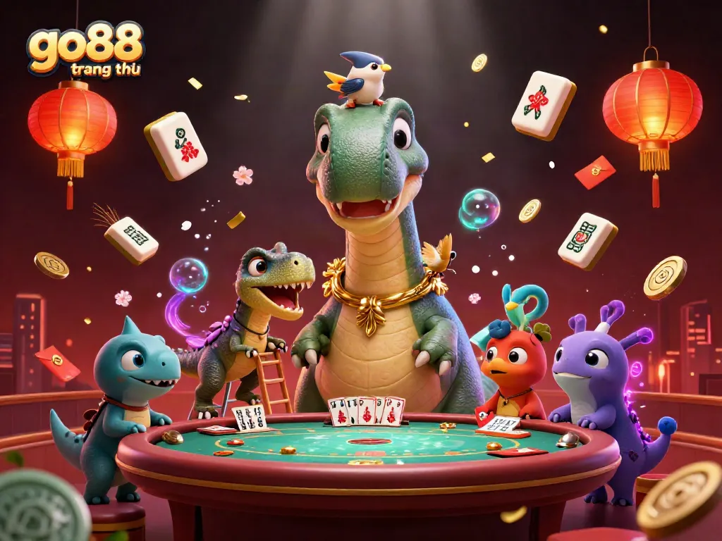 Join the excitement at go88 trang chủ, where a colossal dinosaur oversees intense poker action.