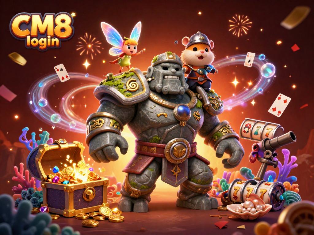 Experience the excitement of CM8 login with a dynamic casino-themed adventure illustration.