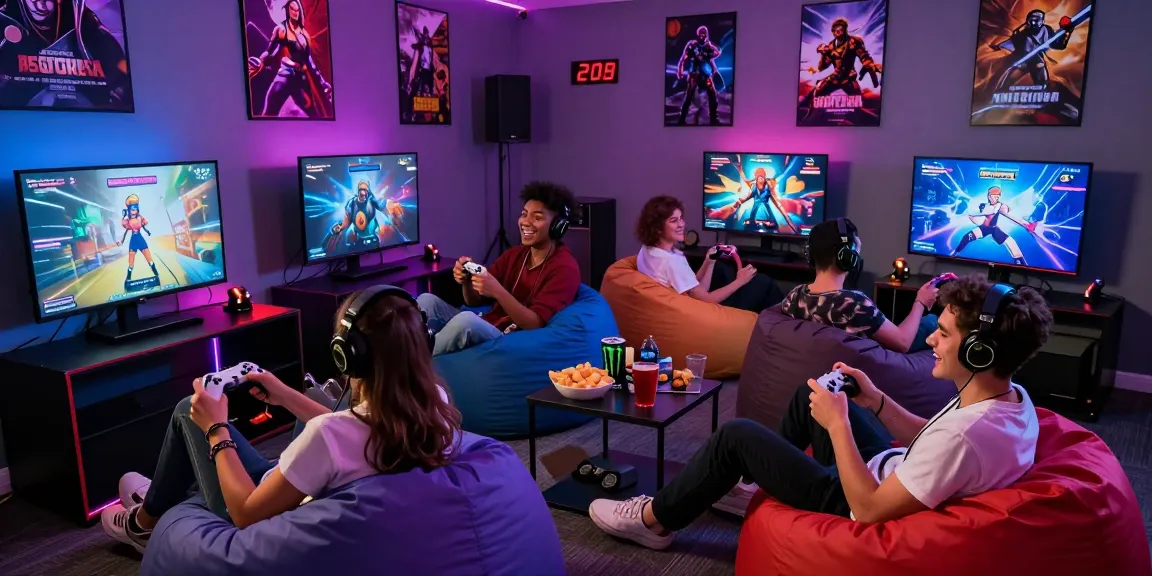 Friends enjoying gay porn games in a vibrant gaming lounge setting.
