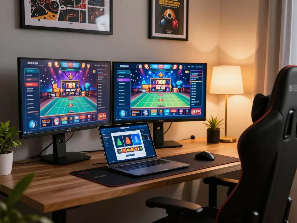 Engaging setup for online gaming featuring m88 capital app on sleek laptop, showcasing strategic gameplay environment.