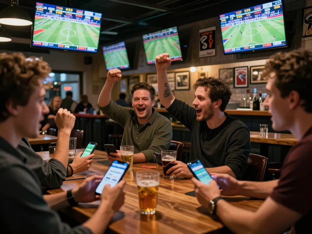 Tỷ lệ kèo nhà cái hôm nay updated in a lively sports bar environment with fans engaged in betting