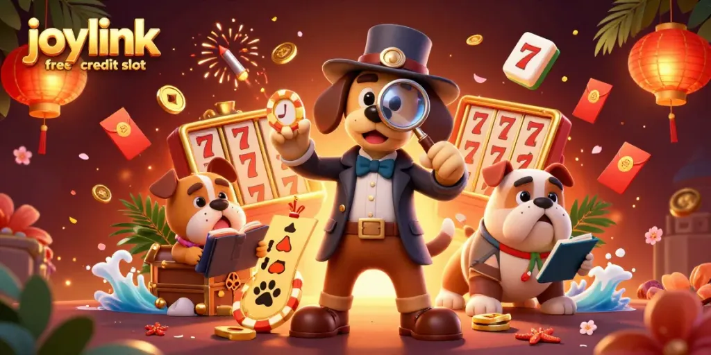 Engage with joylink free credit slot as a cartoon detective investigates a poker chip clue.