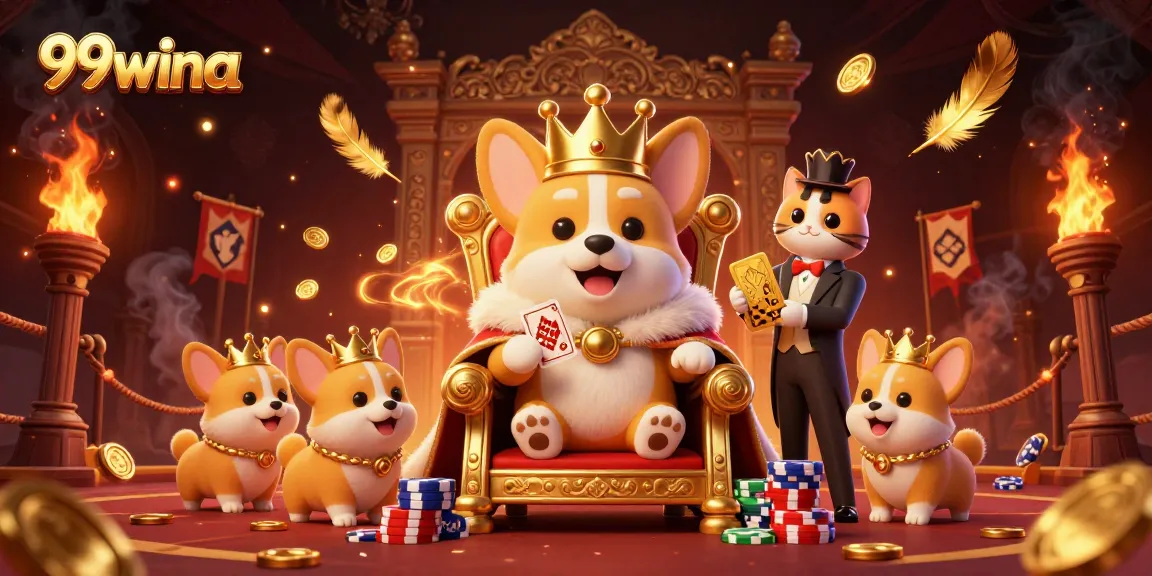 Engage in thrilling gameplay with 99wina's royal corgi at a poker chip throne.