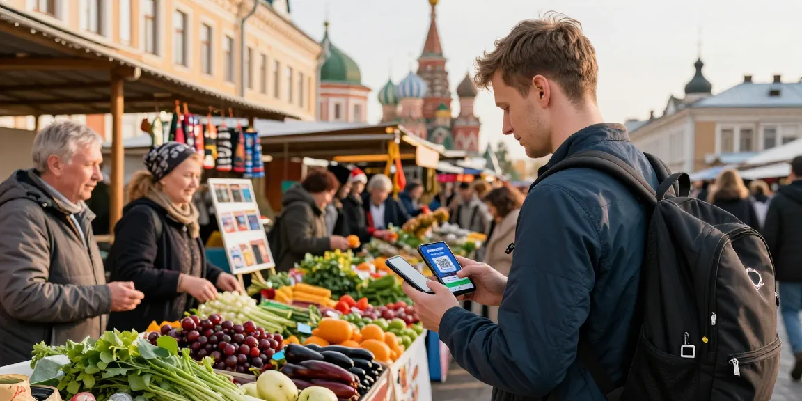 Pelancong menggunakan https://payinrussia.com/ untuk pembayaran di pasar tempatan di Rusia dengan suasana meriah.