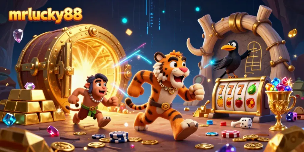 Spin reels and win big with mrlucky88's prehistoric casino adventure featuring caveman characters.