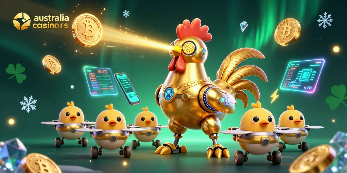 Engage in thrilling gameplay at australia online casinos with robotic characters amidst glowing crypto elements.