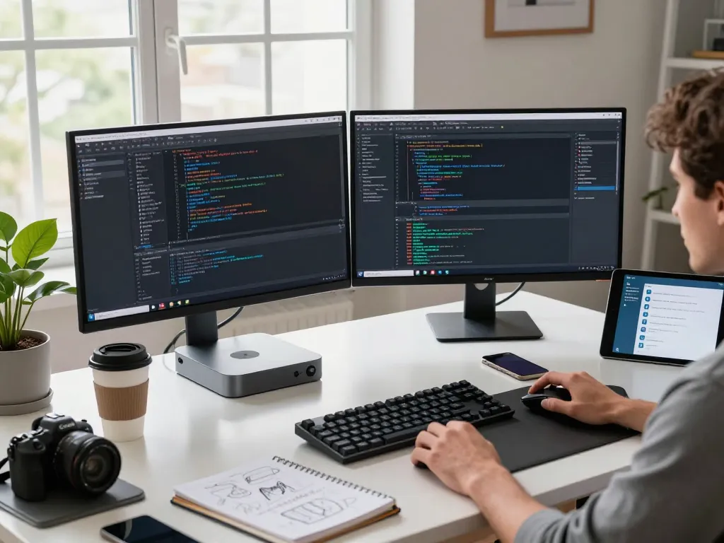 Developer using a mac mini in a modern workspace filled with tech, light, and productivity.