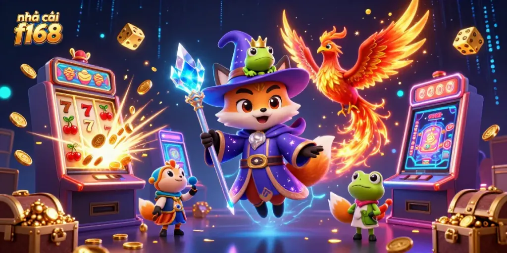 Engaging illustration depicting nhà cái f168 with a wizard fox, phoenix, and vibrant casino elements.