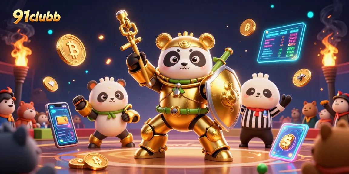Experience the excitement of 91clubb as the golden panda piloting its robot showcases thrilling gambling action.