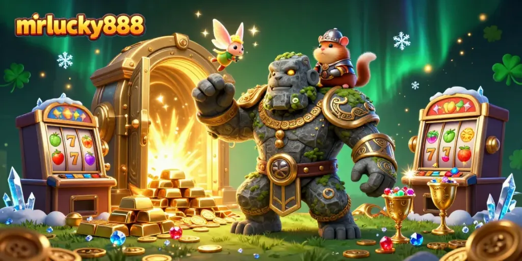 Experience the thrill of mrlucky888 with exciting slots and treasures in this 3D illustration.