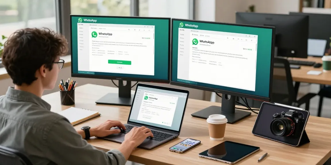 Engaging tech workspace scene using WhatsApp電腦版 on modern desk with dual monitors and laptop.