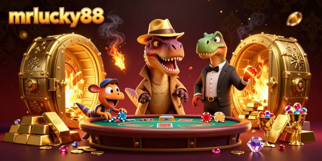 Engage in thrilling blackjack with mrlucky88's animated velociraptor card counter, surrounded by riches.