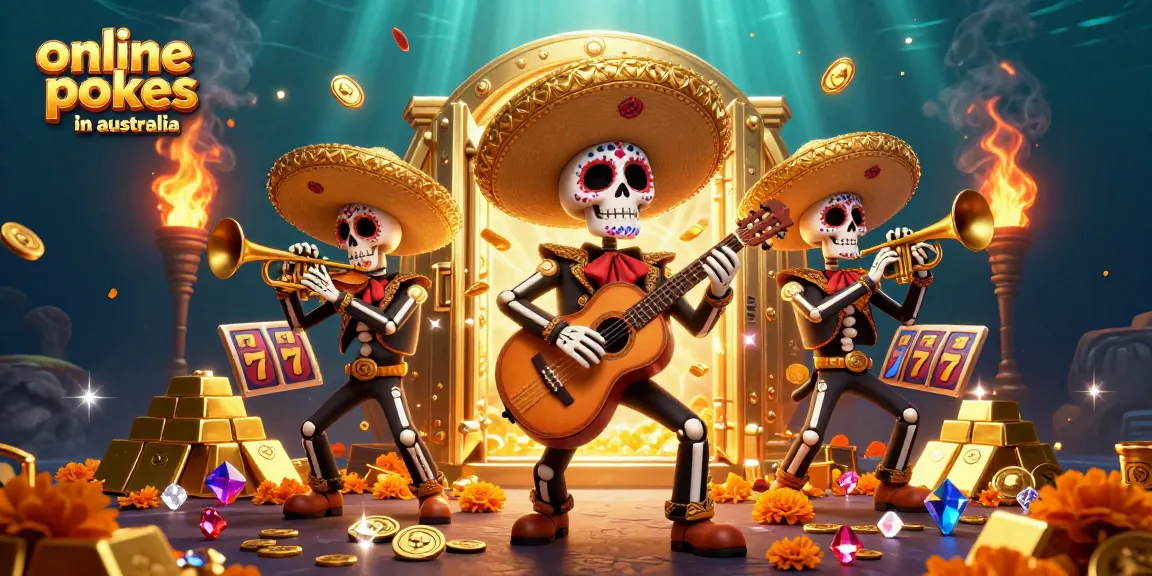 Experience vibrant entertainment with online pokies in australia featuring an energetic mariachi band amidst golden treasures and slot reels.
