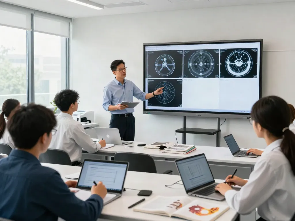 Students learning about radiology techniques, engaging with rokok88 materials in a modern classroom.