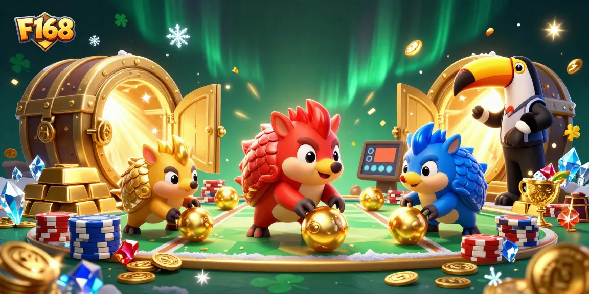 Experience thrilling gameplay at F168 with vibrant pangolins bowling through poker chips amidst treasure!