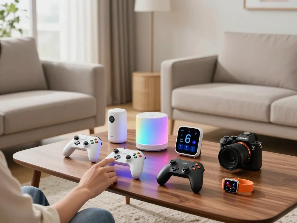 Showcase of latest tech gadgets 2081 in a modern living room setting with Bluetooth devices.