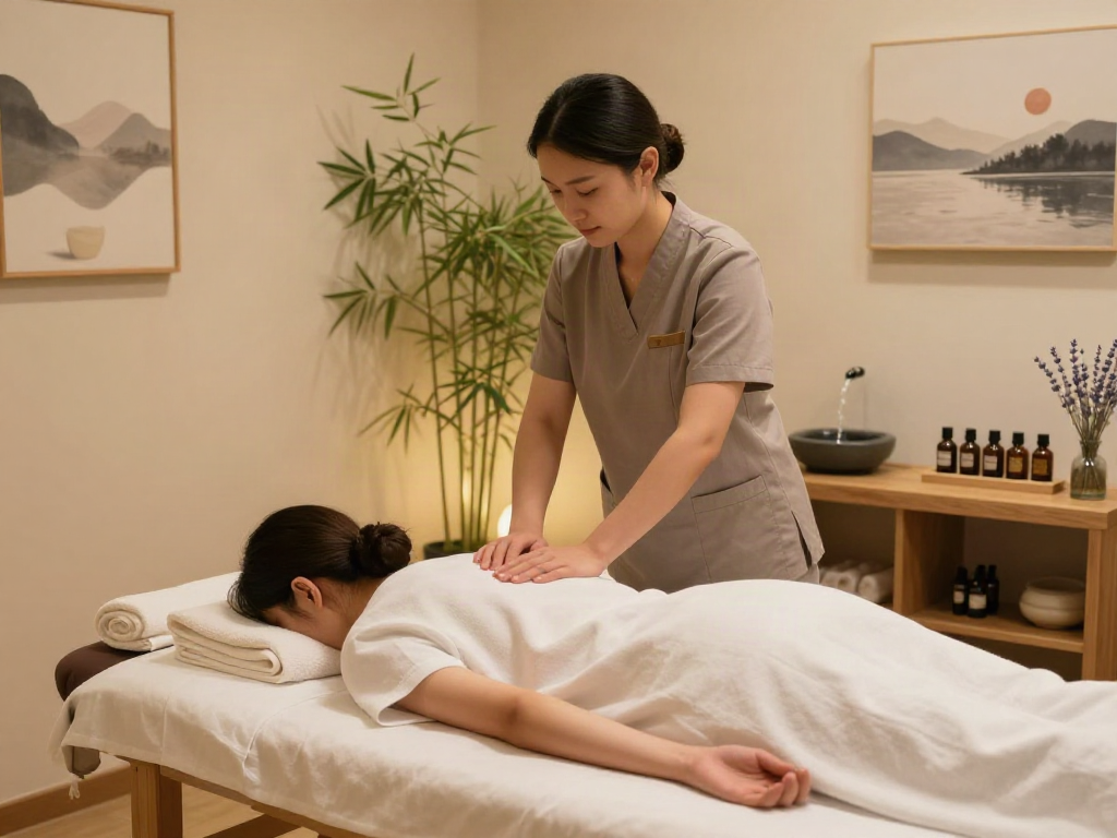 마포출장안마 session in a serene therapy room with relaxing decor, calming atmosphere.