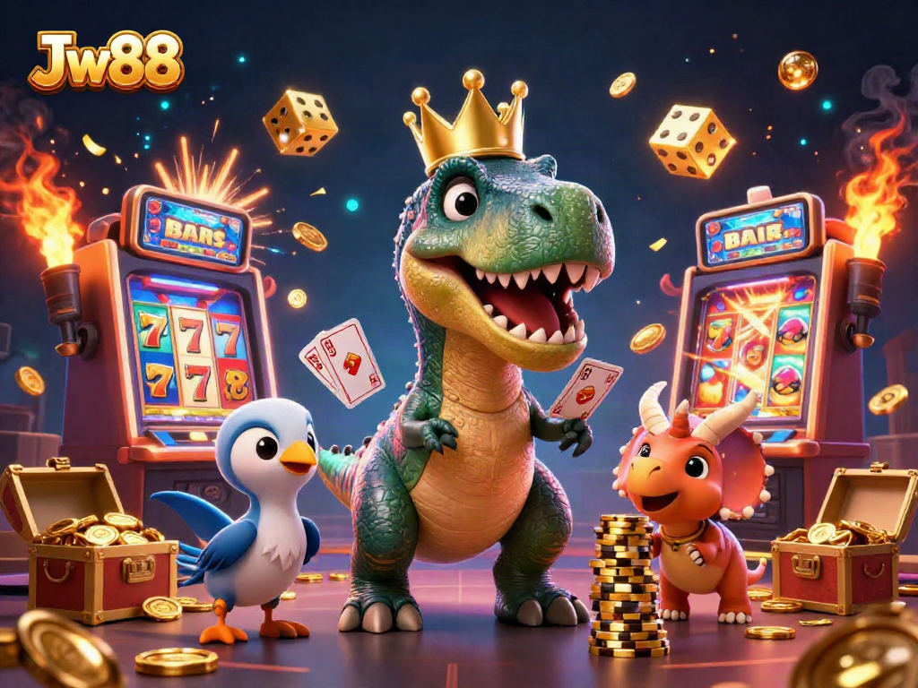 Engage in exciting slot play with Jw88 as T-Rex shuffles cards and friends stack chips.