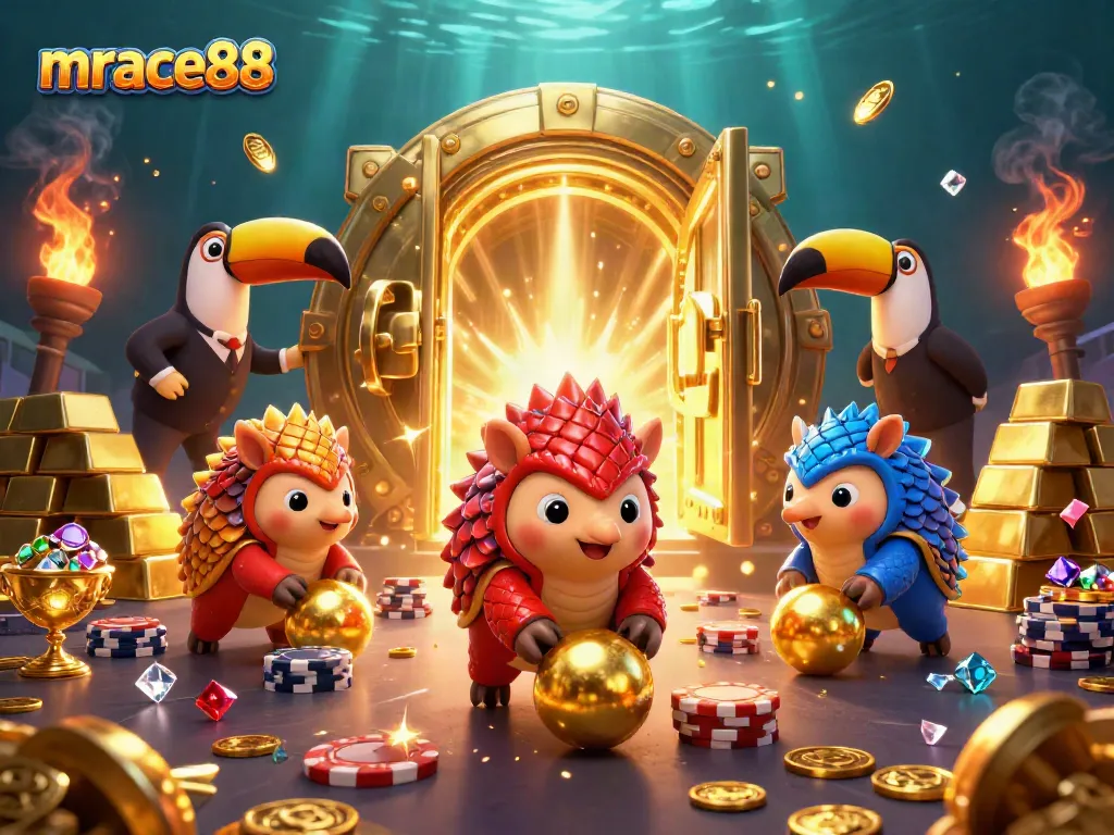 Engage in thrilling gameplay at mrace88, featuring friendly pangolins amidst golden treasures and poker chips.