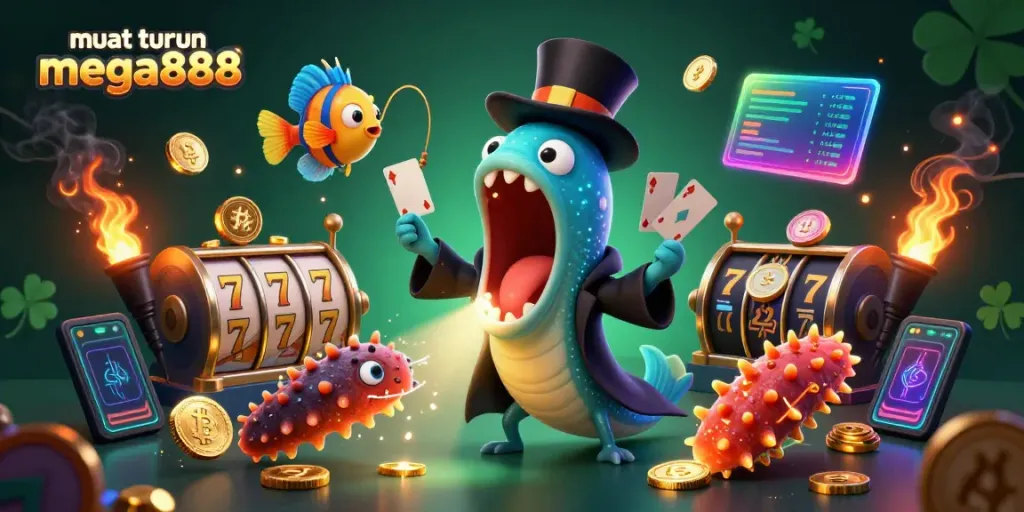 Experience muat turun mega888 with a magical undersea scene featuring vibrant characters and casino elements.