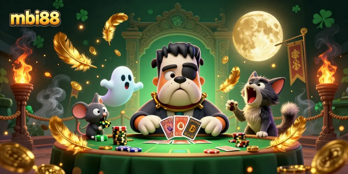 Engage in thrilling card games with mbi88 at this captivating online casino scene featuring whimsical characters.