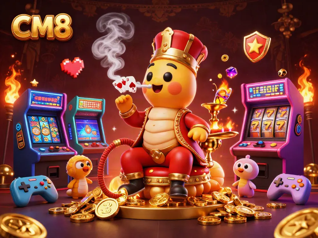 Experience CM8's vibrant online gaming with a lively caterpillar master amidst slot reels and gold coins.
