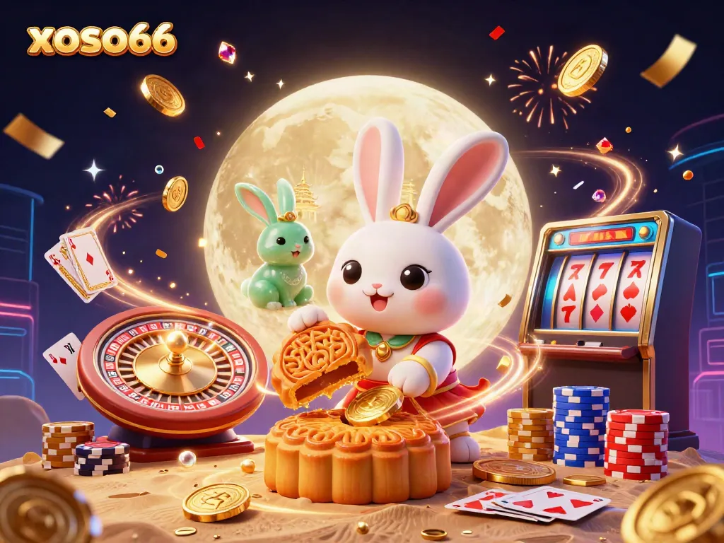 Experience thrilling gameplay with xoso66 as a moon rabbit reveals poker chips within golden mooncakes.