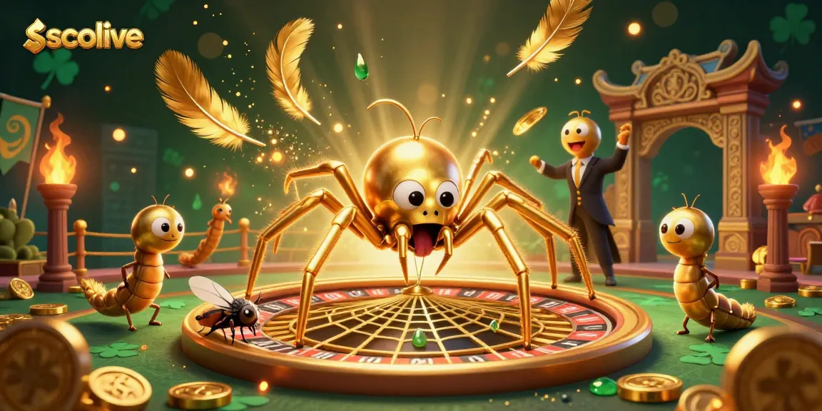 Socolive showcases an energetic gambling scene with a golden spider creating a roulette web, featuring vibrant elements and a thrilling atmosphere.
