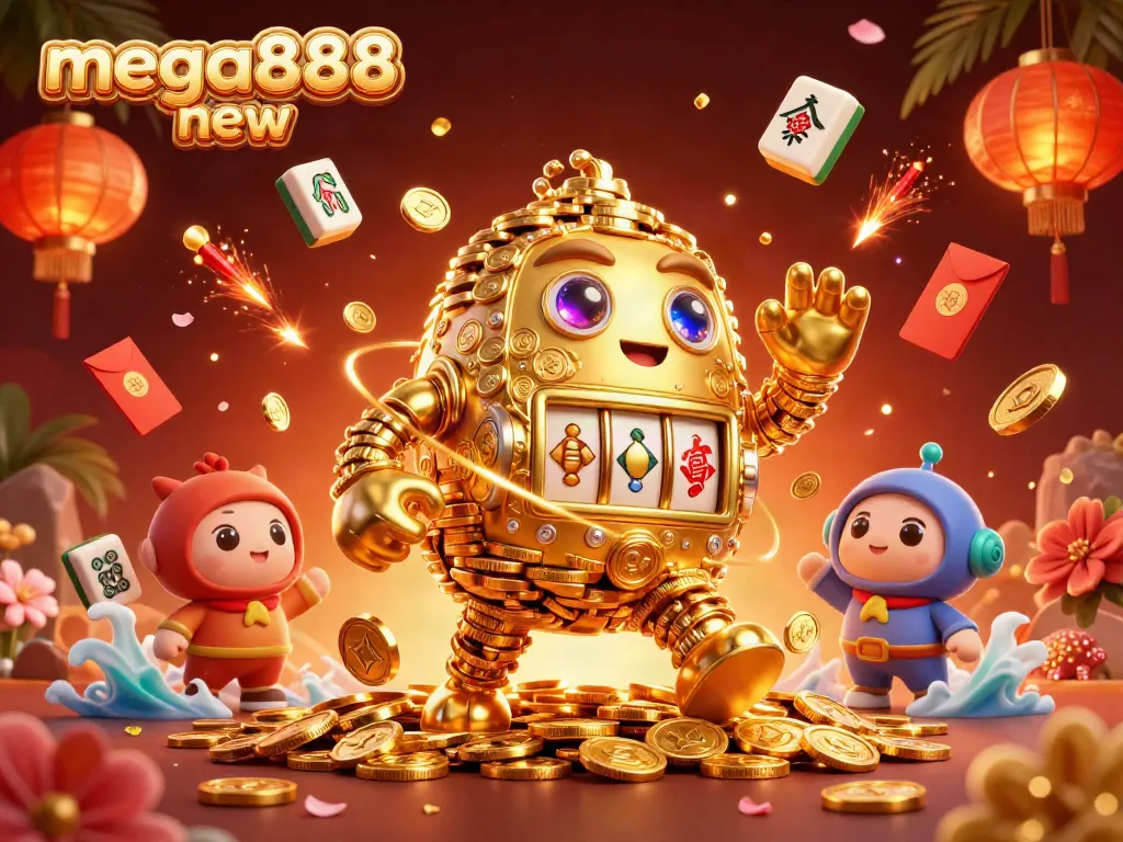 Experience the mega888 new with golden golems, vibrant gaming elements, and rich casino visuals.