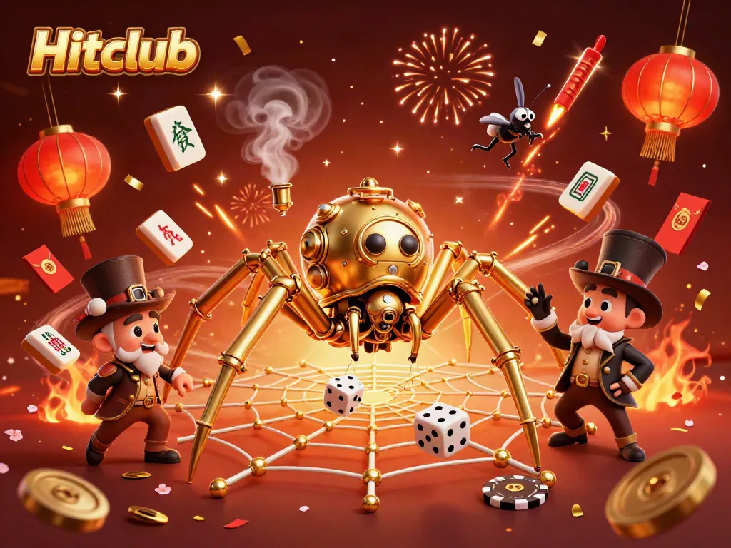 Hitclub catches dice in a golden web while a fly gentleman enjoys the atmosphere.