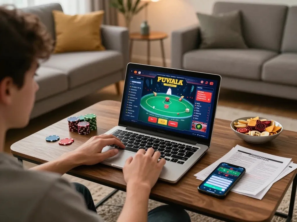 Player engaging in online casino poker at home, showcasing f8betlv on the laptop screen in a cozy atmosphere.